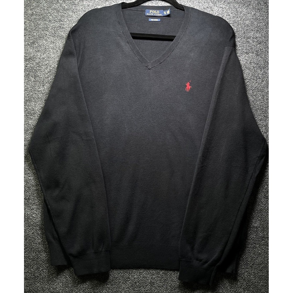Polo Ralph Lauren Mens‎ V Neck Sweater XL Black Pima Cotton Red Pony Logo